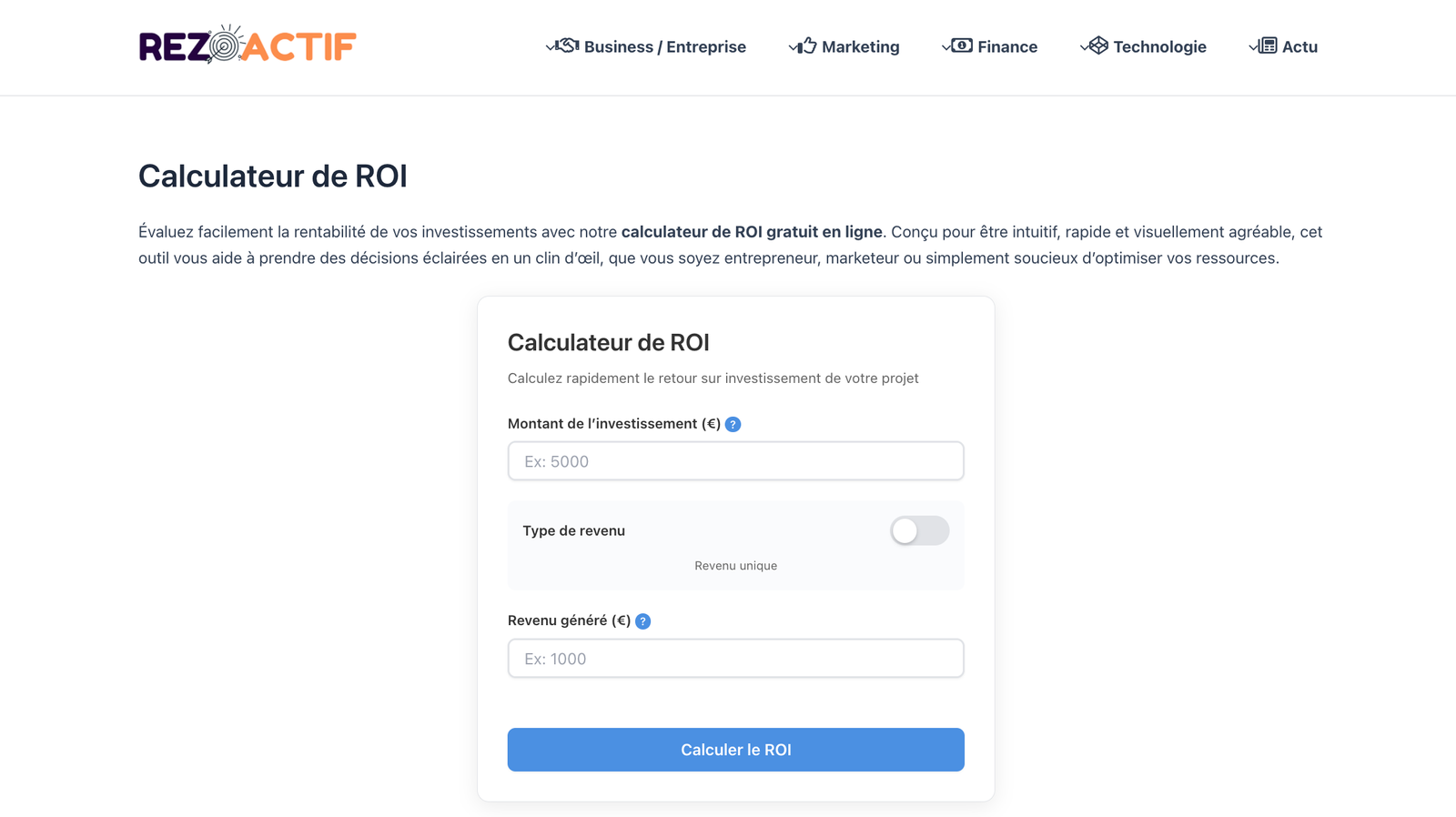 simulateur retour sur investissement Rezoactif